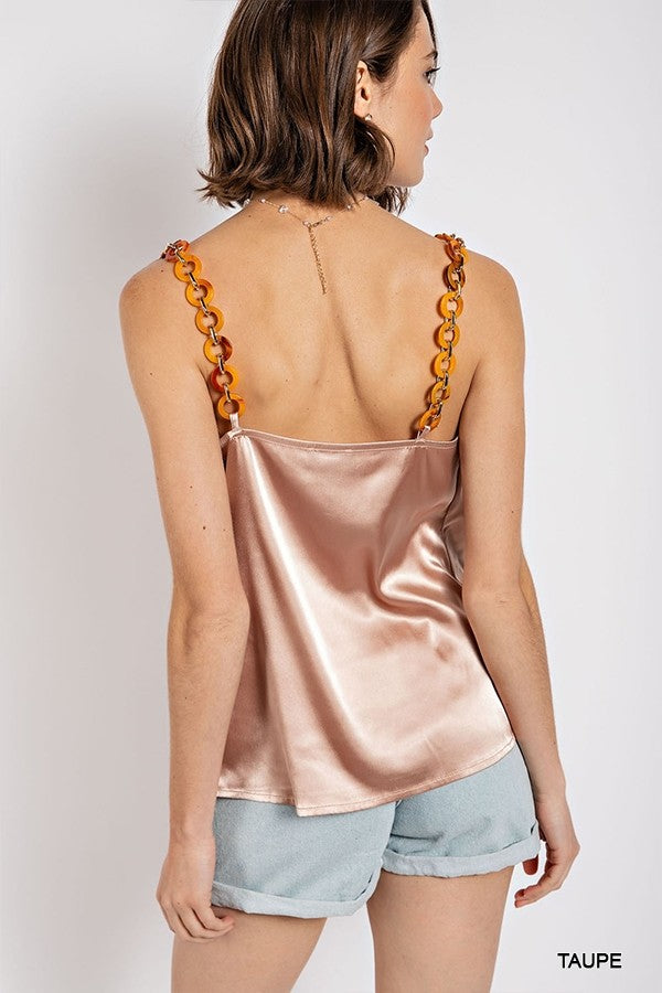 Cowl neck satin camisole with chain strap