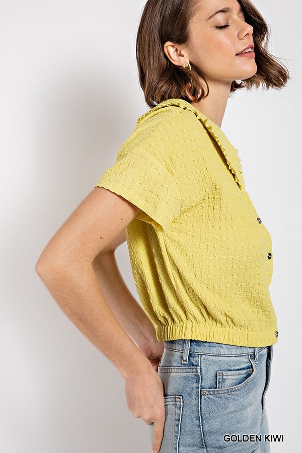 Peter pan collar textured knit button down top