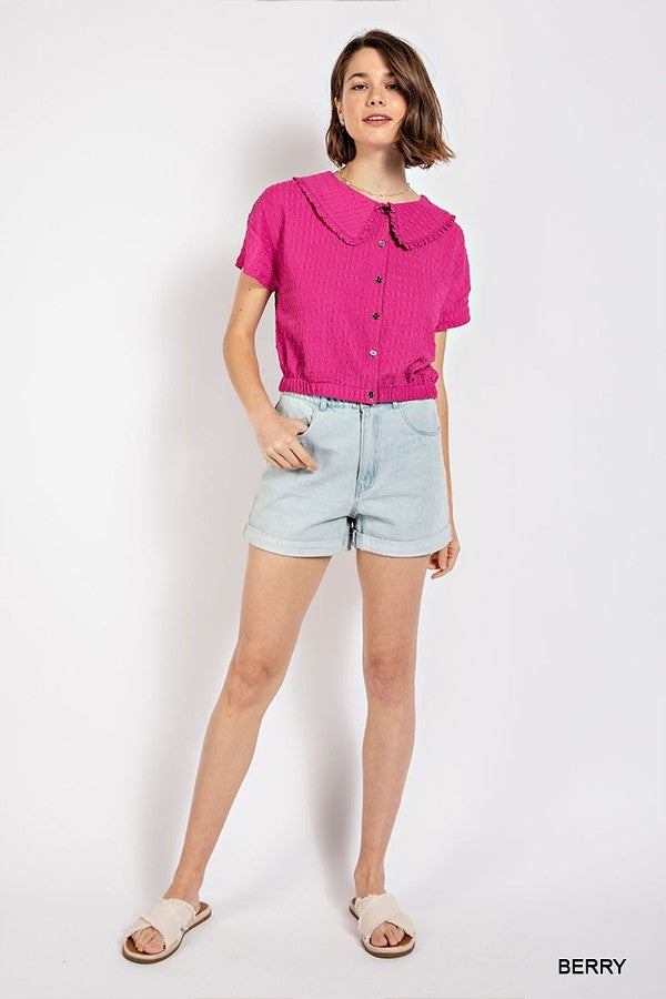 Peter pan collar textured knit button down top