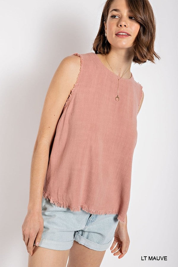 Sleeveless back button closure frayed top