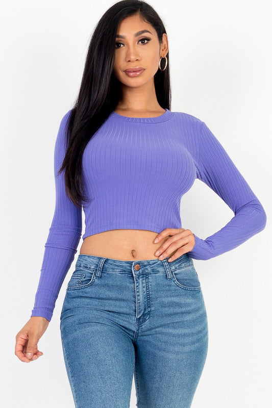 Long Sleeve Round Neck Basic Crop Top